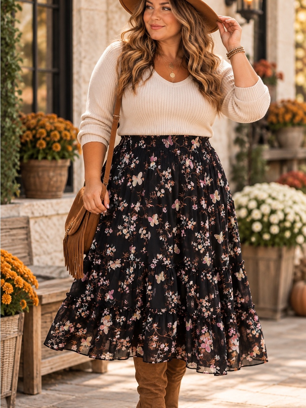 Blousology Floral Butterfly Tiered Skirt XL Black Sheer Overlay